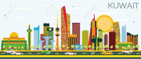 Kuwait Skyline with Color Buildings and Blue Sky. Vector Illustration. Business Travel and Tourism Concept with Modern Architecture. Image for Presentation Banner Placard and Web.